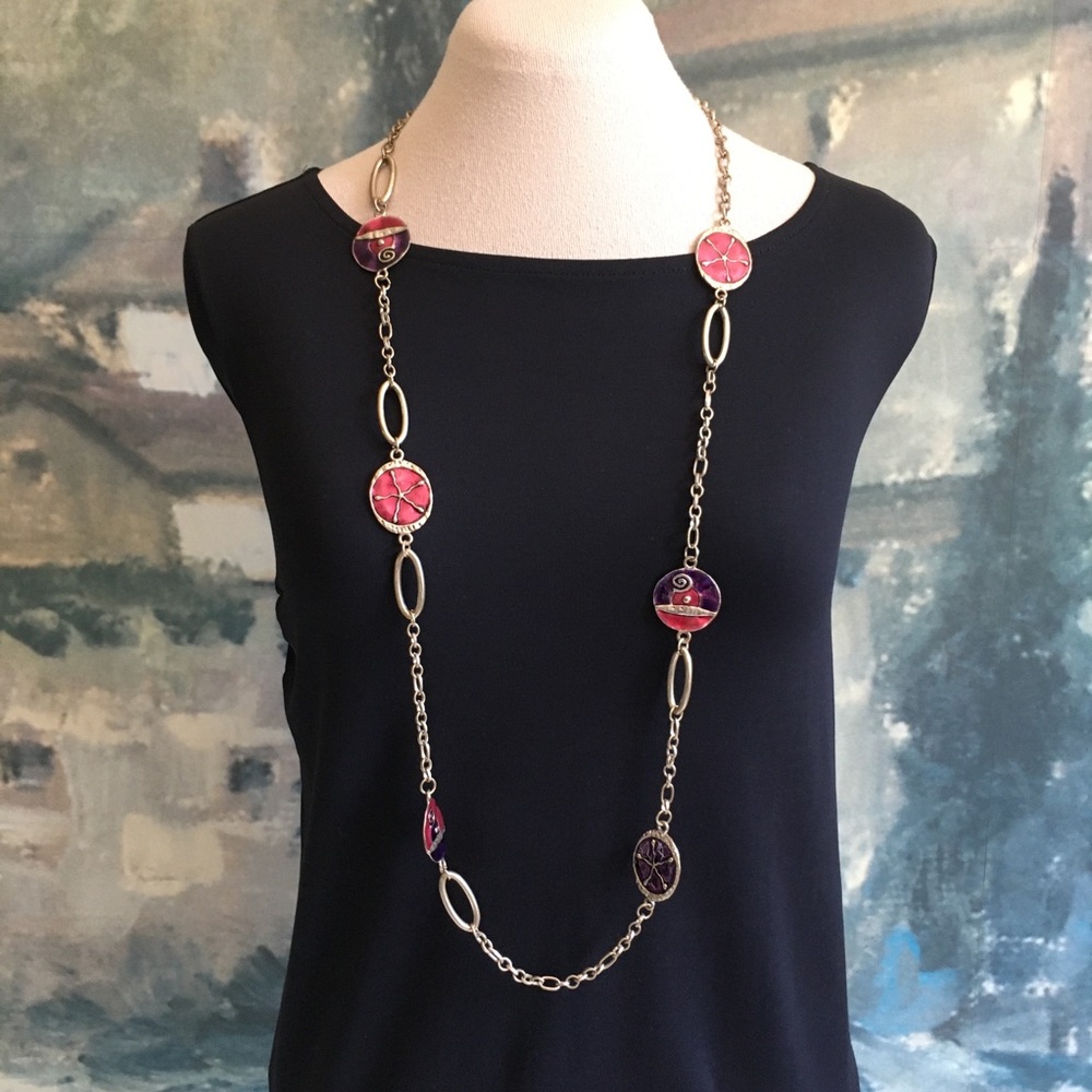 Enamelled Disk Pink Purple Hammered Metal Chunky Chain Sweater Necklace 27”